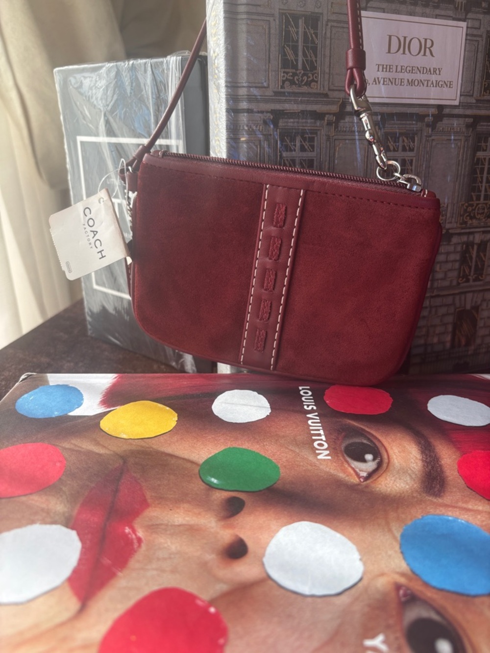 NWT COACH Burgundy Suede Wristlet/Leather Bag Charm